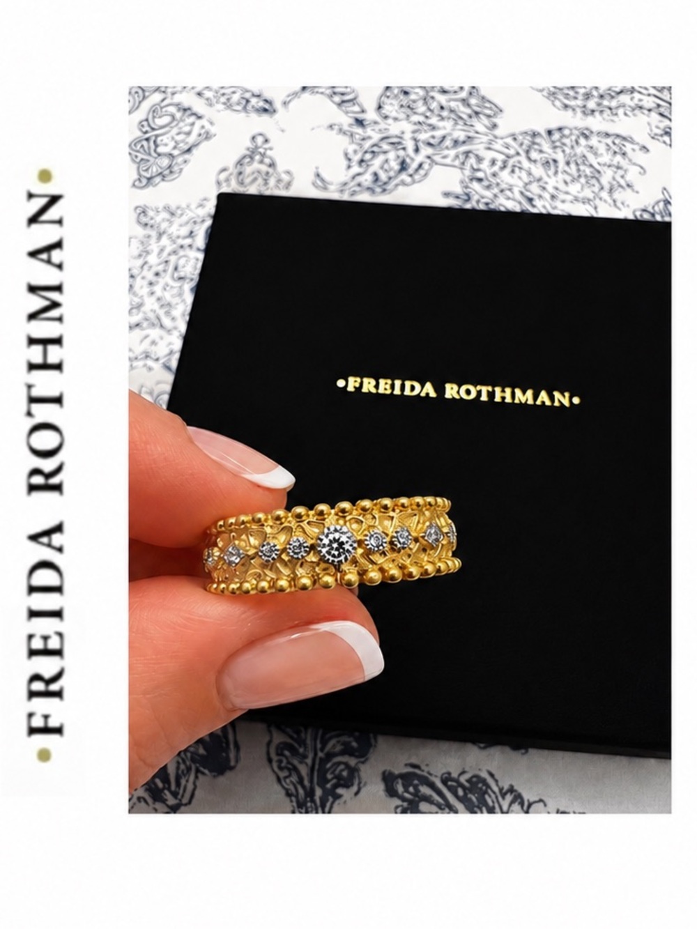 Freida Rothman 925 Sterling Silver over Gold Bezel Set Ring/ Size 8